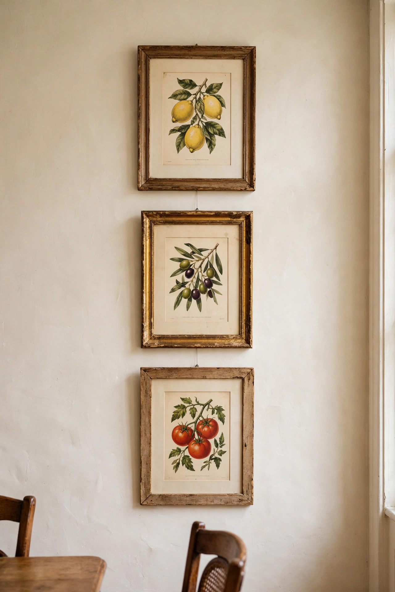 Three framed food prints hung in a vertical line on a warm white dining room wall