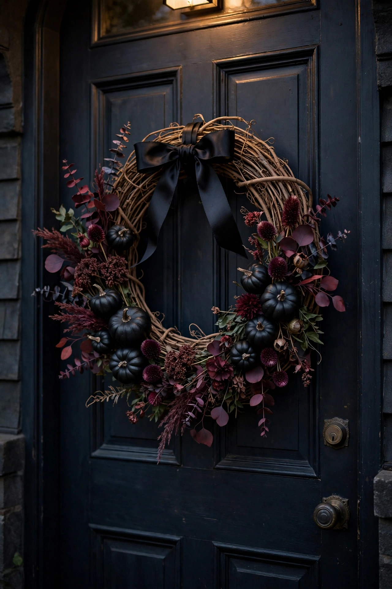 Grapevine wreath with black satin ribbon, dried burgundy florals, and small black pumpkins on a front door