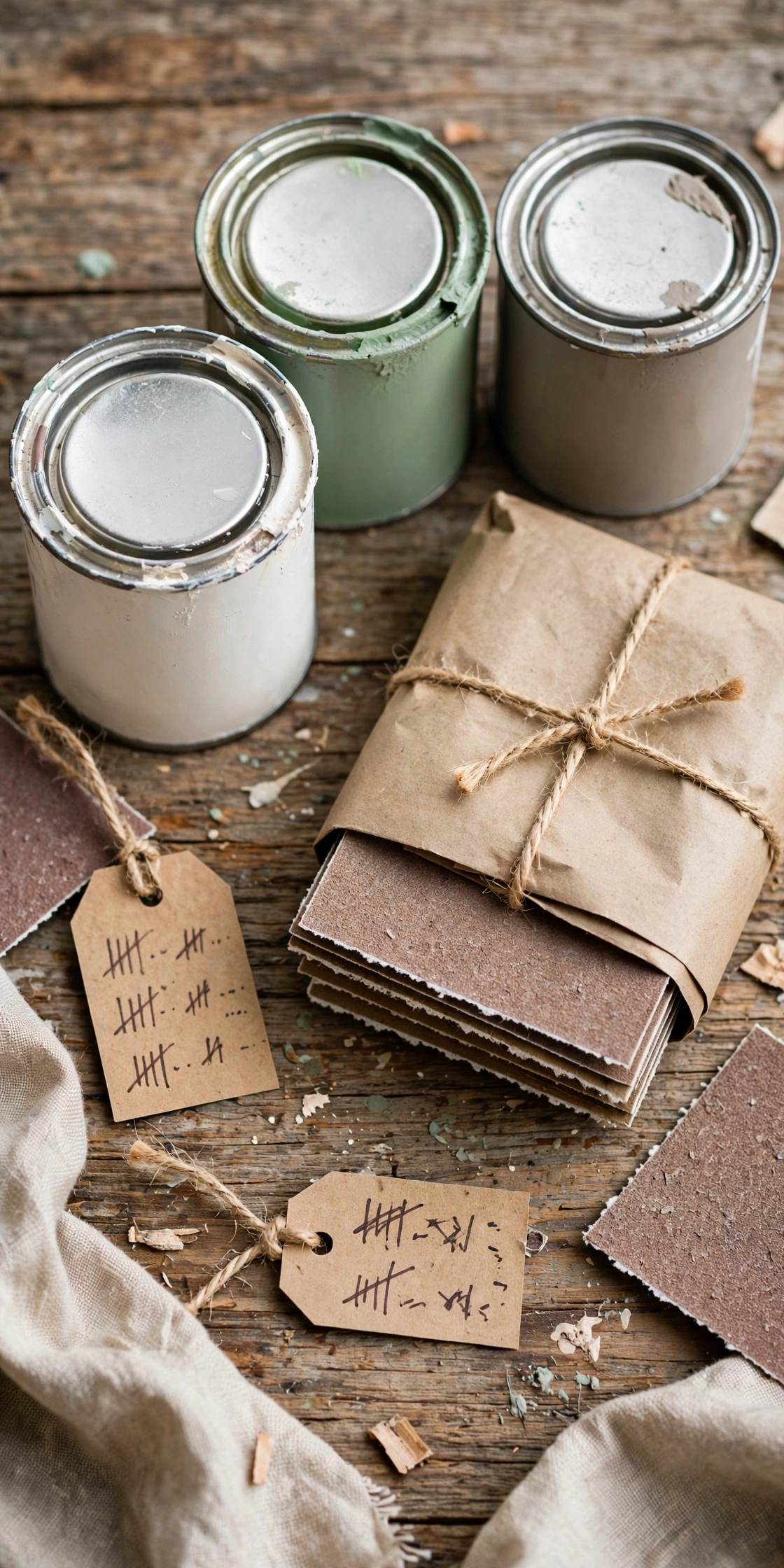 Paint can, primer, sandpaper and price tags showing a $47 thrifted makeover budget