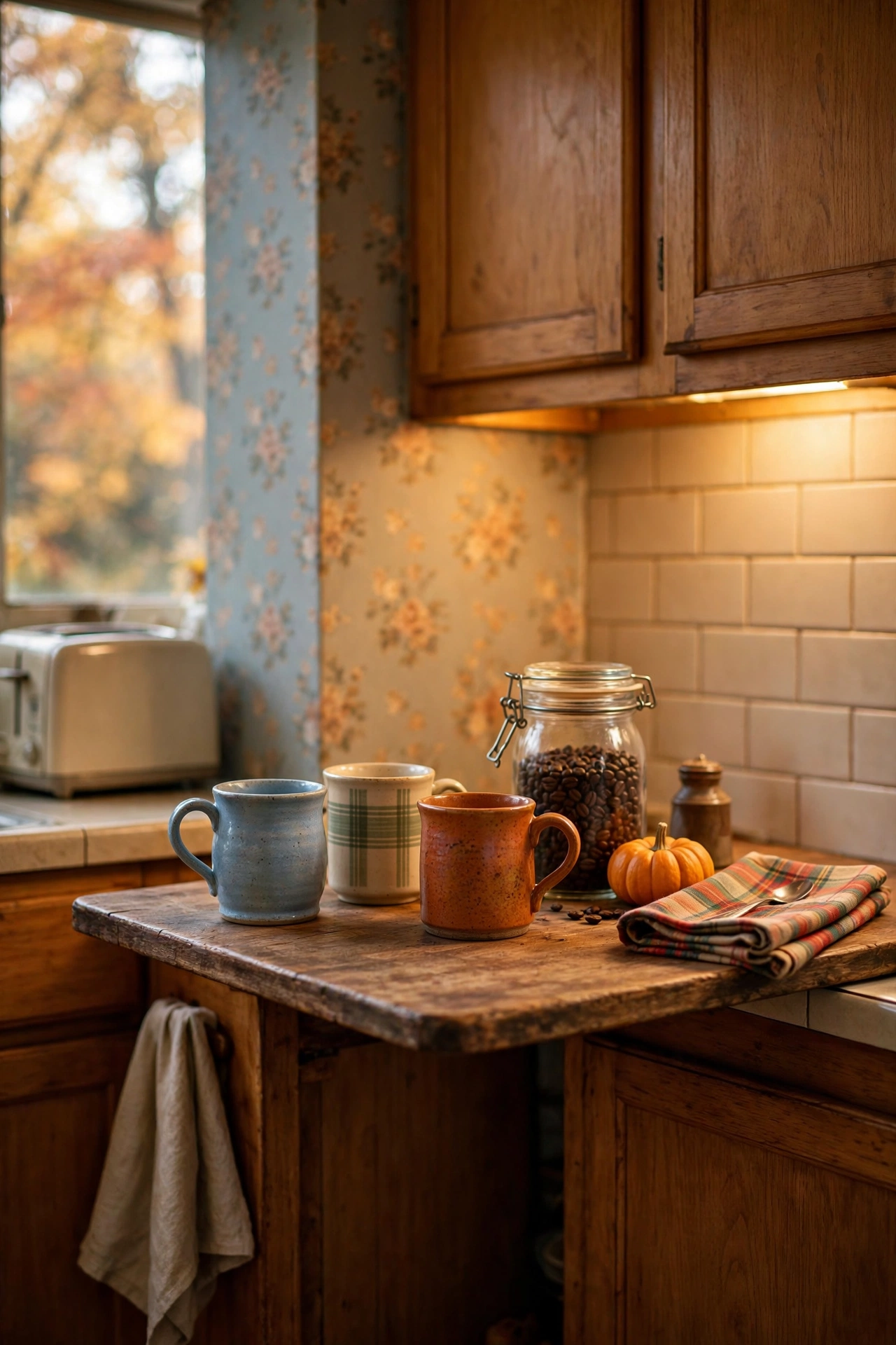 Small 90s-style coffee nook with mismatched mugs, coffee beans jar and a tiny pumpkin