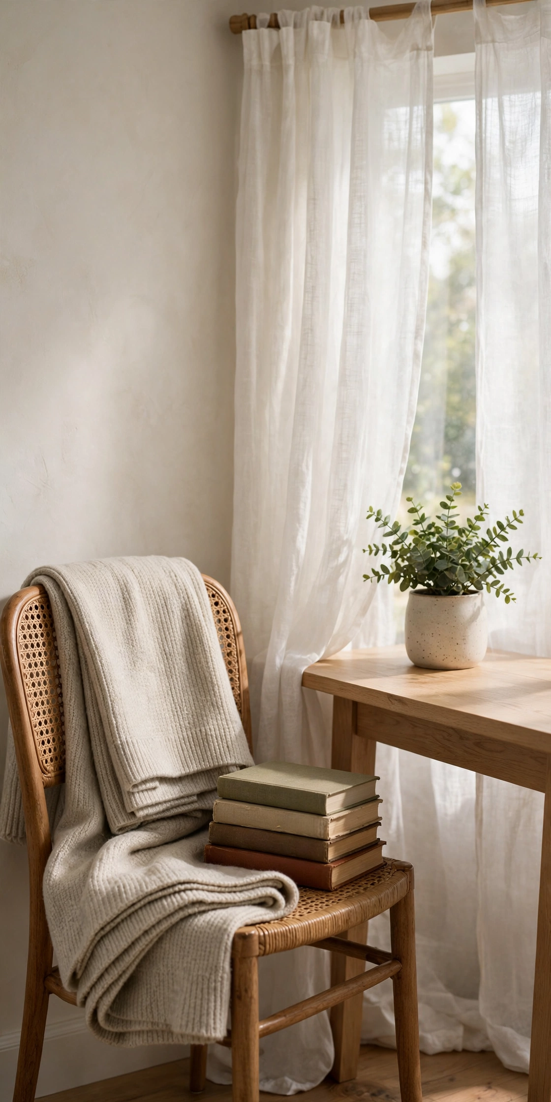 Dining corner details with throw blanket, books, sheer curtains and a plant