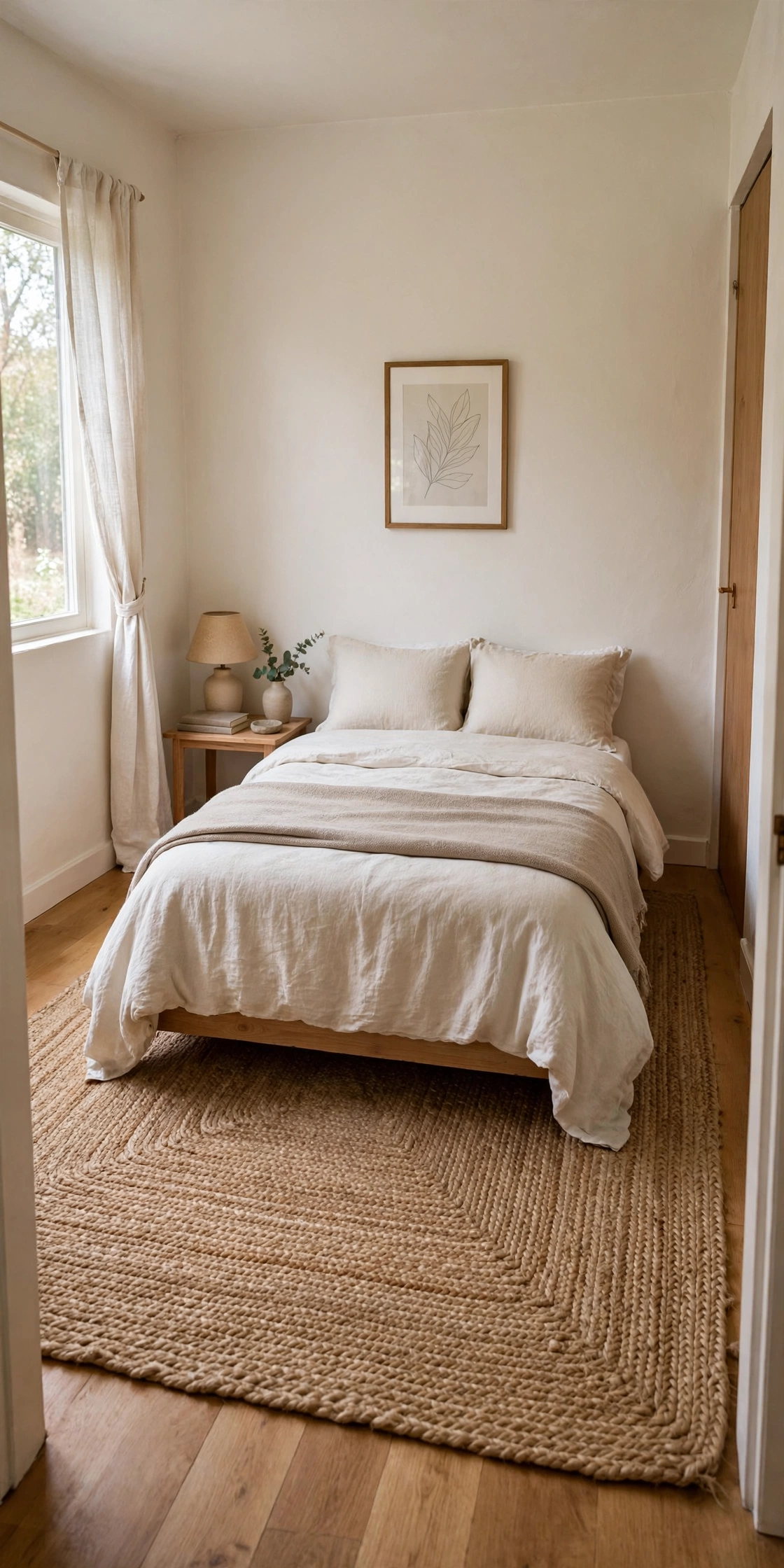 Small bedroom with clear visible floor, generous rug under the bed, tidy and open