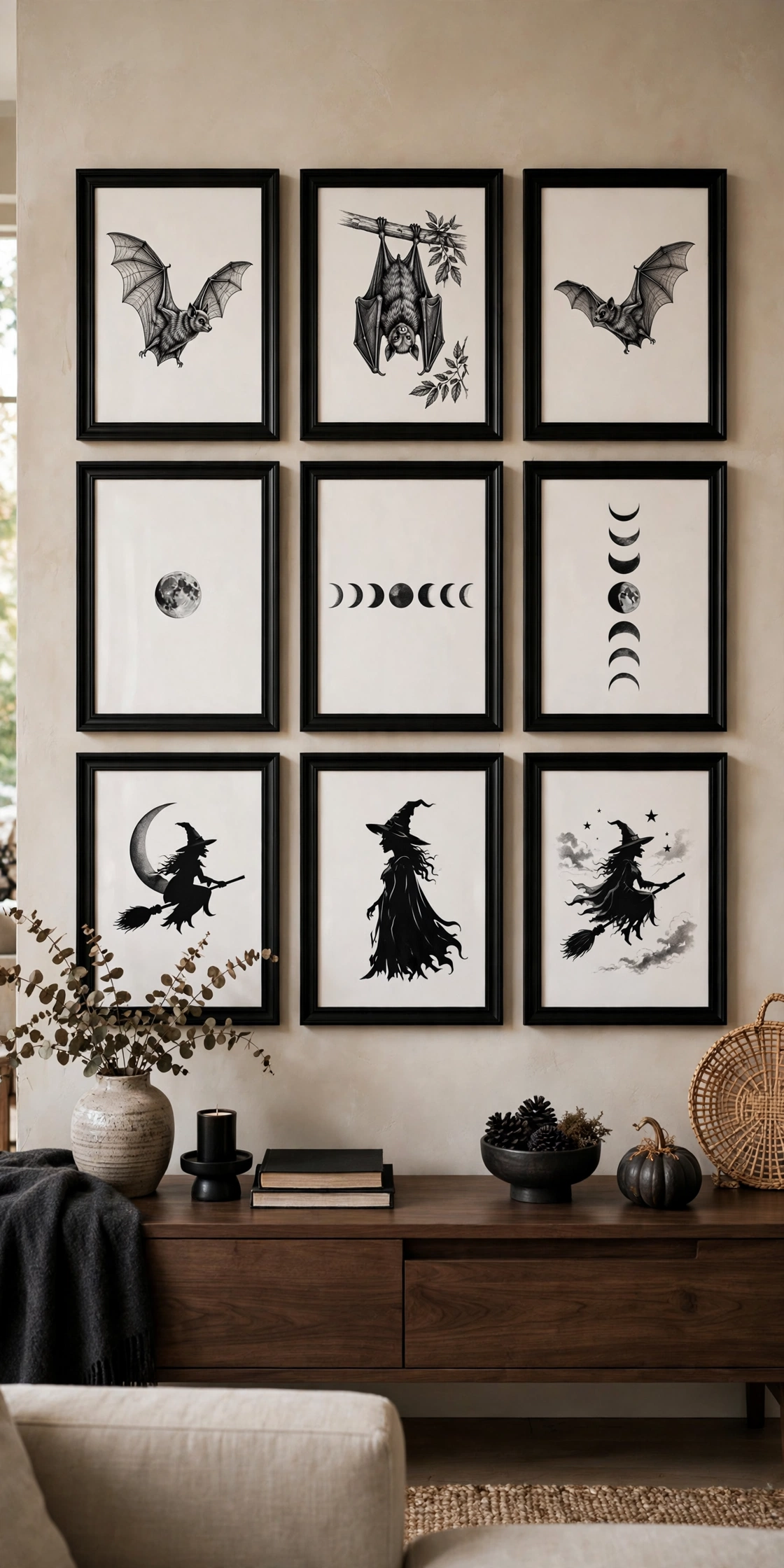 Grid of black frames with black-and-white Halloween art prints on a living room wall