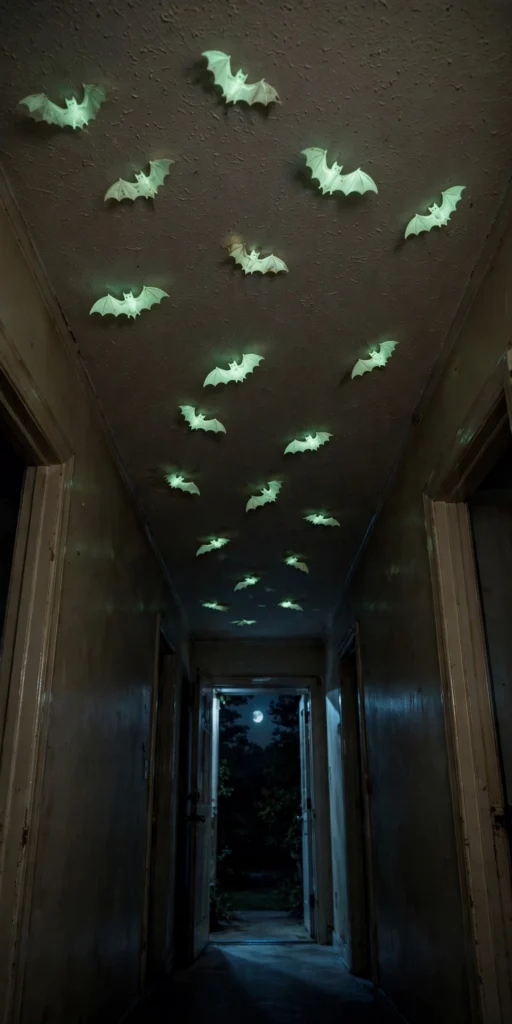 Glow-in-the-dark bat decals scattered across a dark hallway ceiling, glowing softly