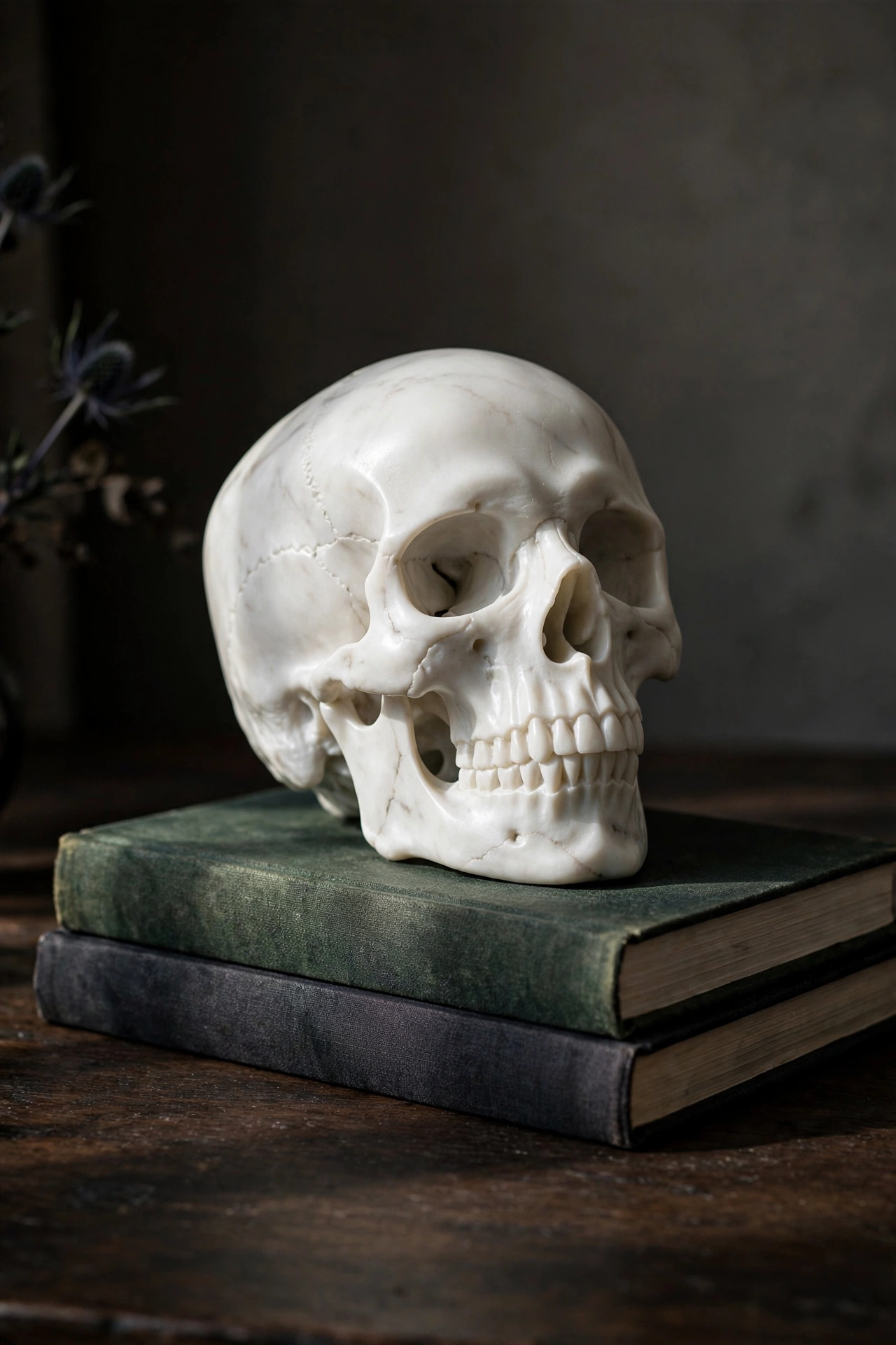 White marble skull styled on a stack of art books on a coffee table