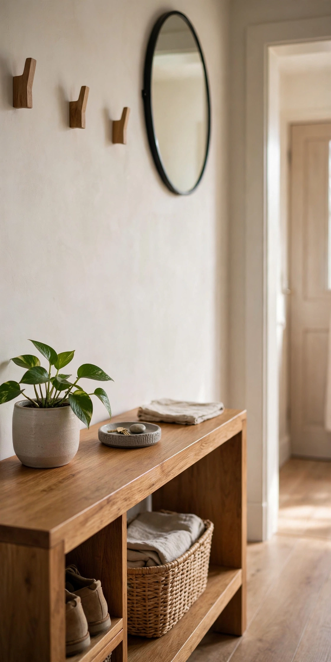 Small pothos plant in a ceramic pot on an entryway console table