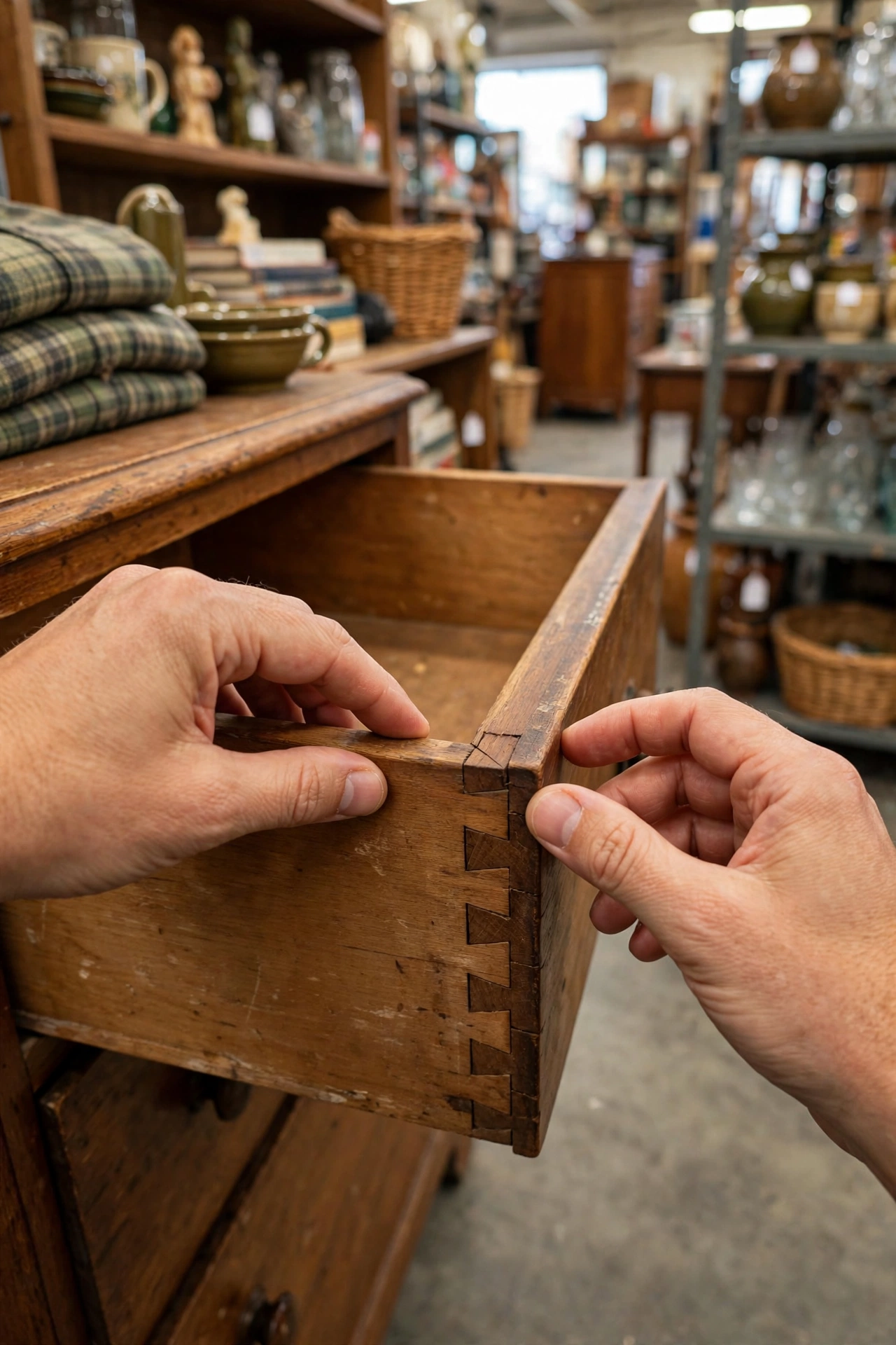 Hands checking the dovetail joints inside a thrifted wooden drawer