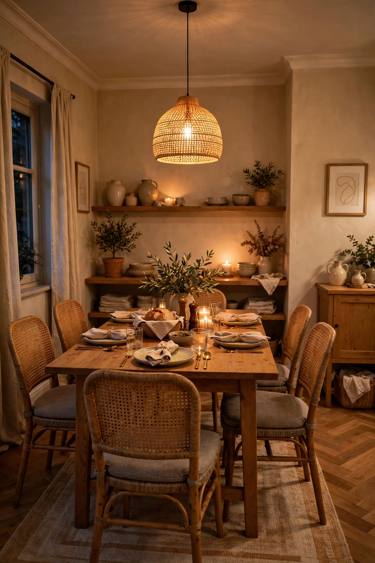 Full view of a small dining room set for dinner, warm and charming with six seats