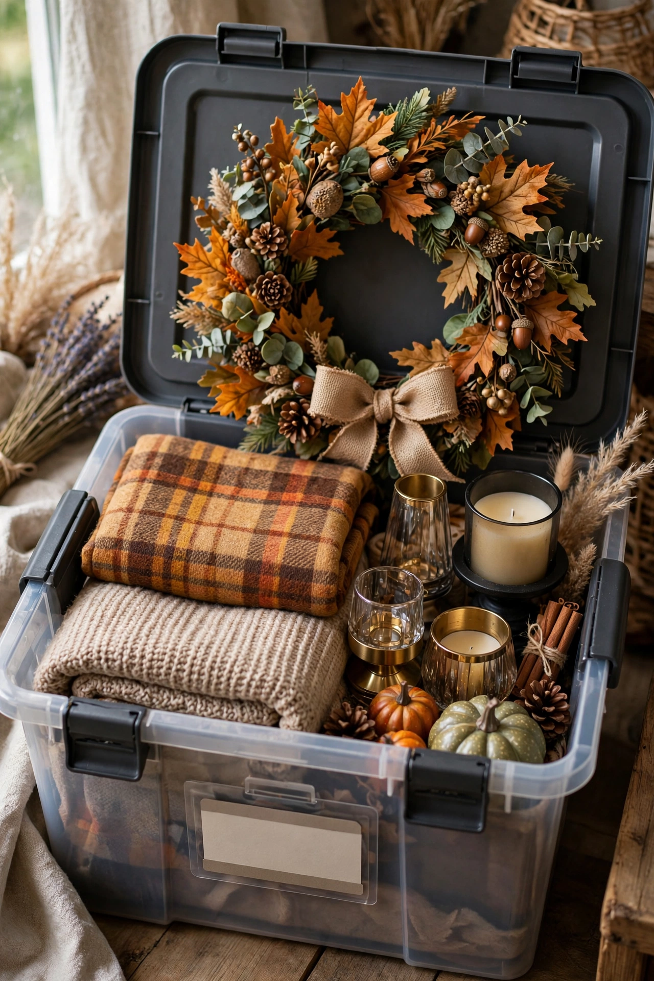Labeled fall decor bin with a quality wreath, throws and candle holders stored neatly
