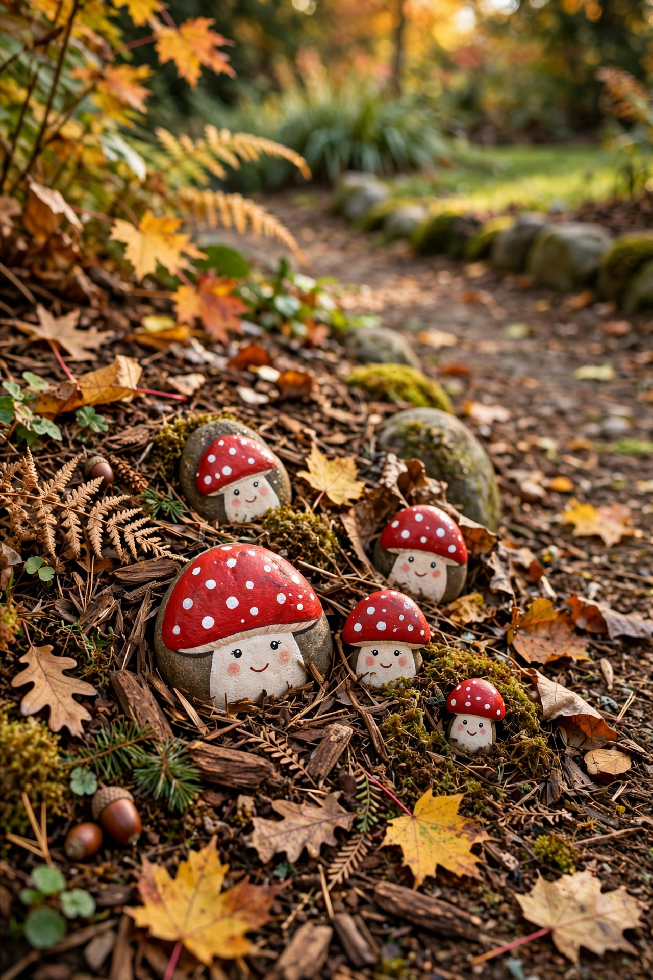 painted rock mushrooms with red caps and white dots tucked into a garden bed