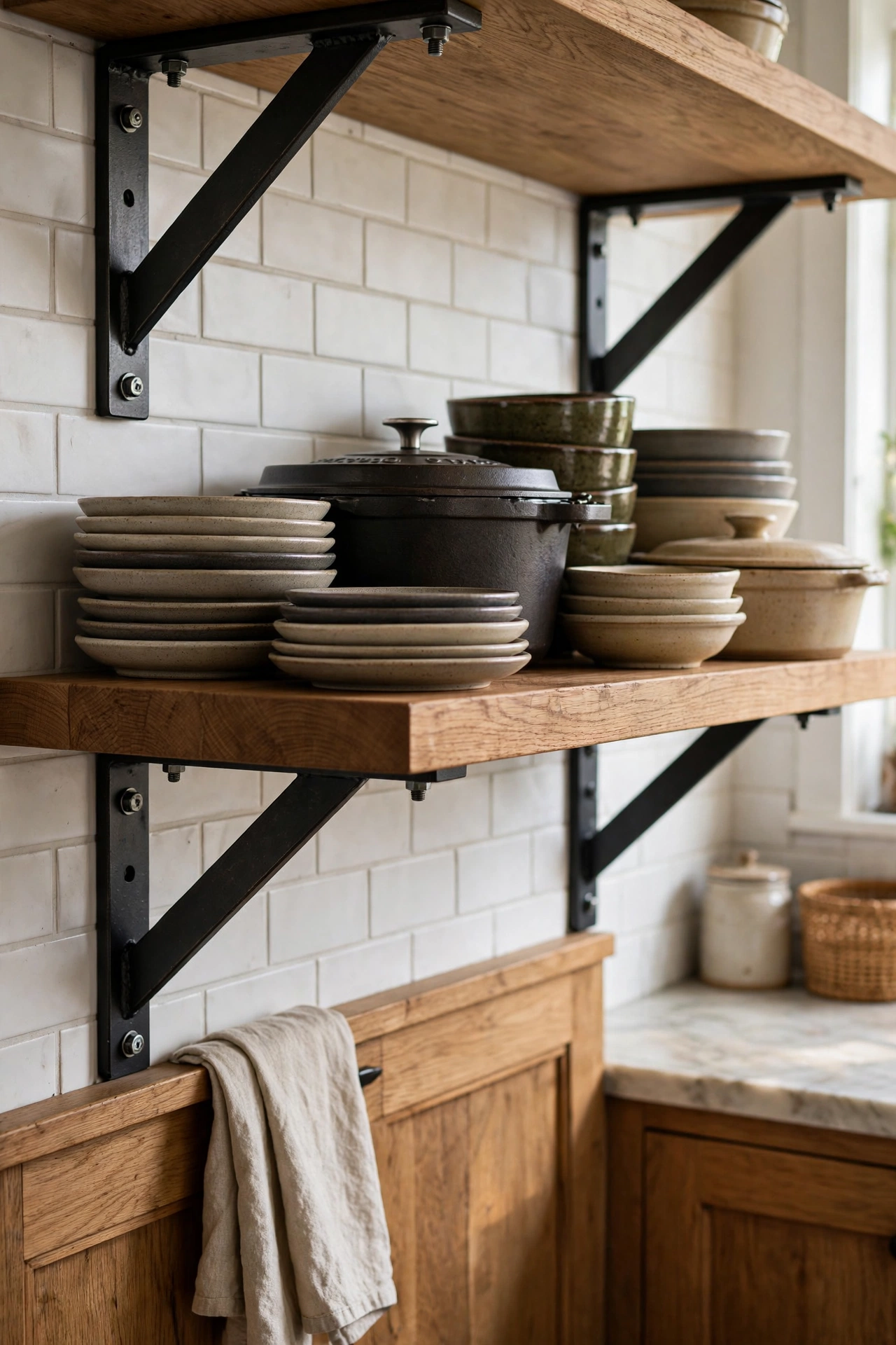 Sturdy mounted kitchen shelf holding heavy dishes safely, solid and level