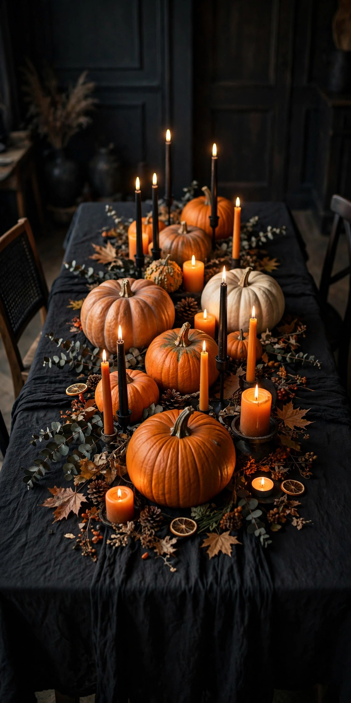 Halloween table centerpiece with black tablecloth, pumpkins, and candles at different heights
