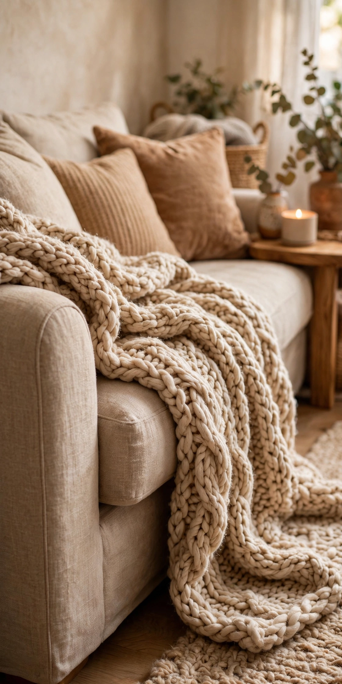A cozy sofa arm draped with a chunky knit throw