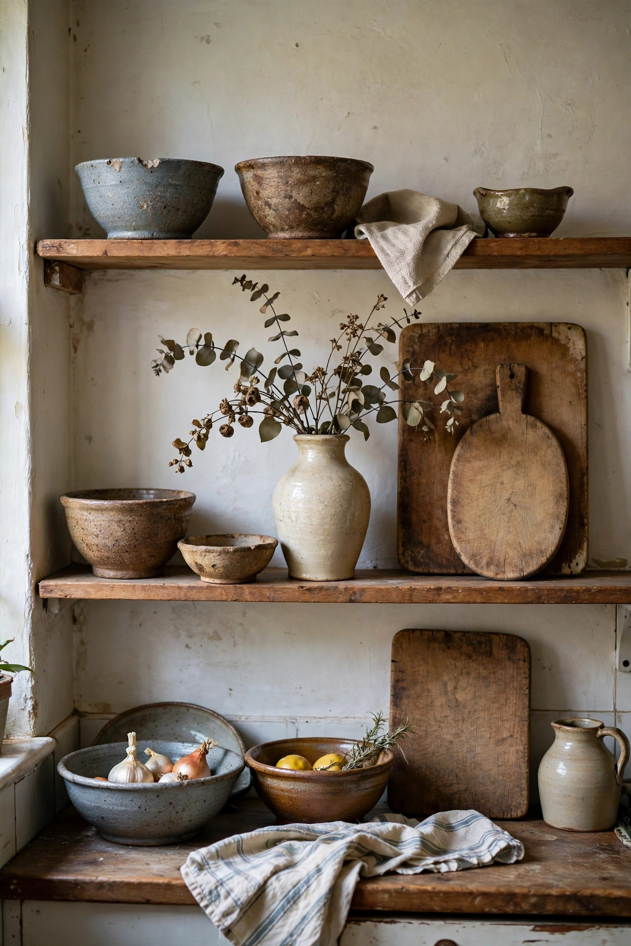 Thrifted stoneware bowls, wooden cutting boards and ceramic vase arranged on shelves