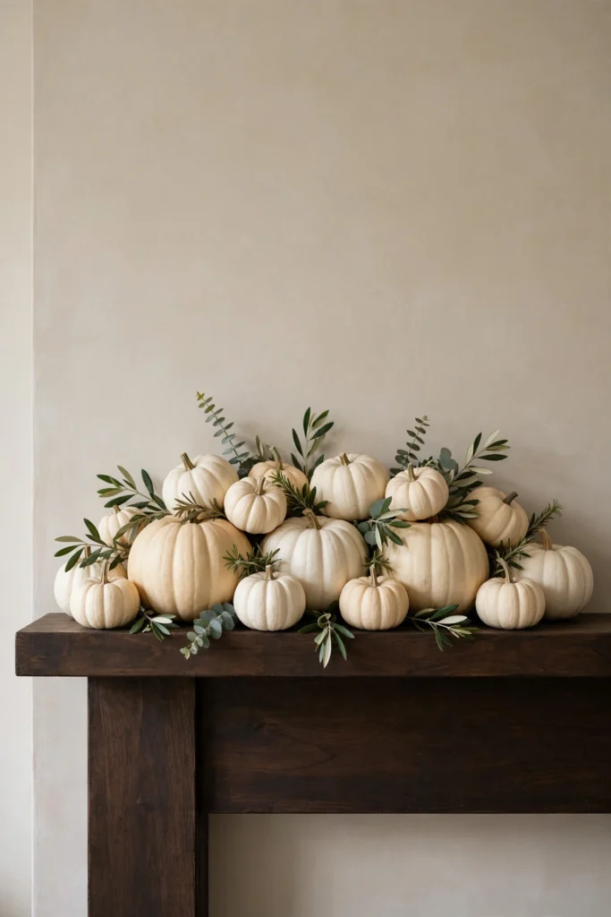 cluster of white and cream pumpkins with greenery on a minimalist fall mantel