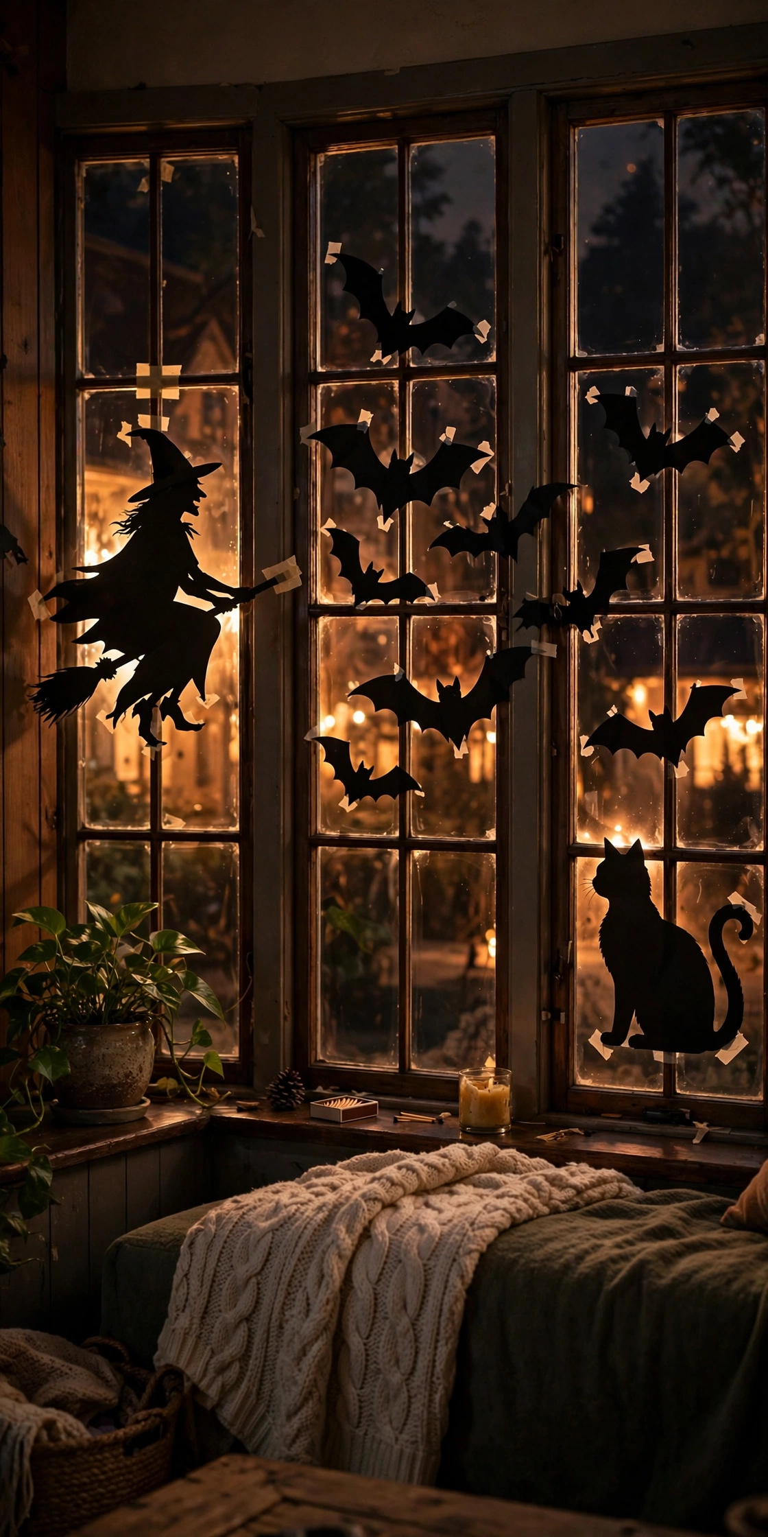 Black paper Halloween silhouettes glowing in living room windows at night