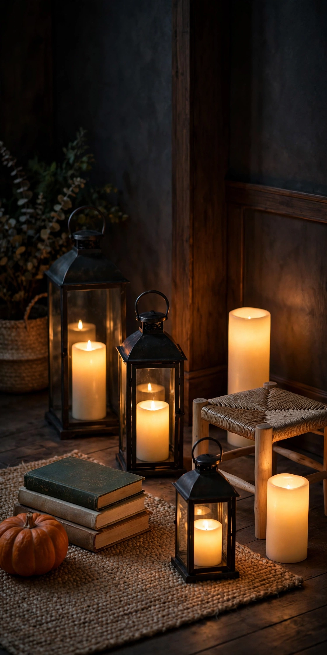 Corner of living room with grouped lanterns and glowing candles at different heights