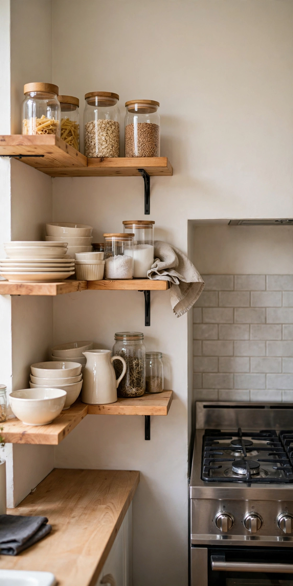 Open kitchen shelves on the wall beside the stove holding everyday dishes