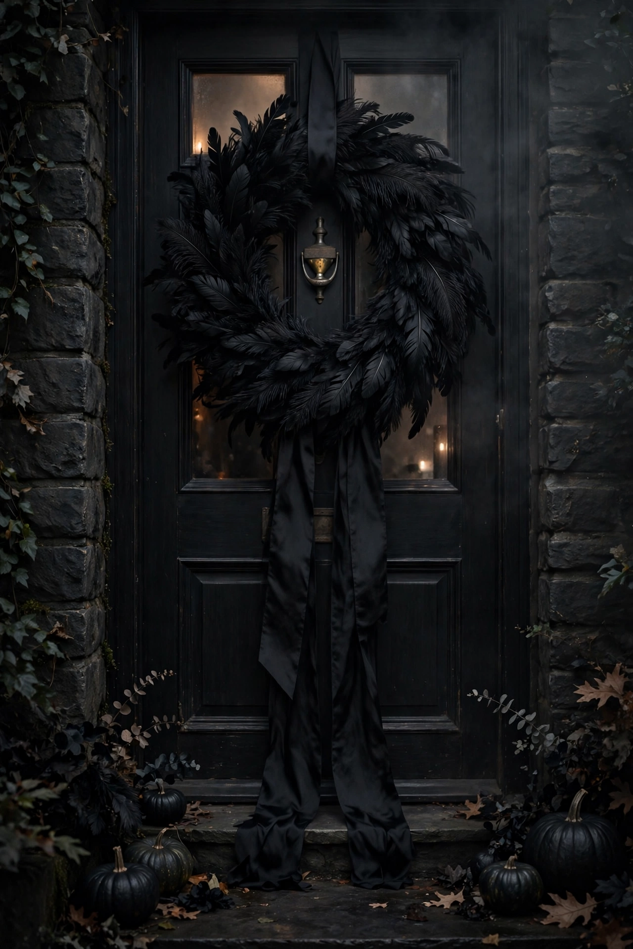 Black feather wreath with satin ribbon hanging on a dark front door