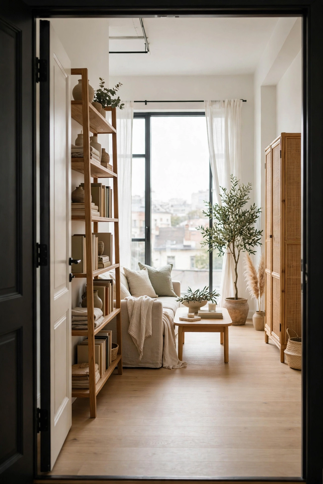 Clear sightline from a studio front door to the window, open and airy