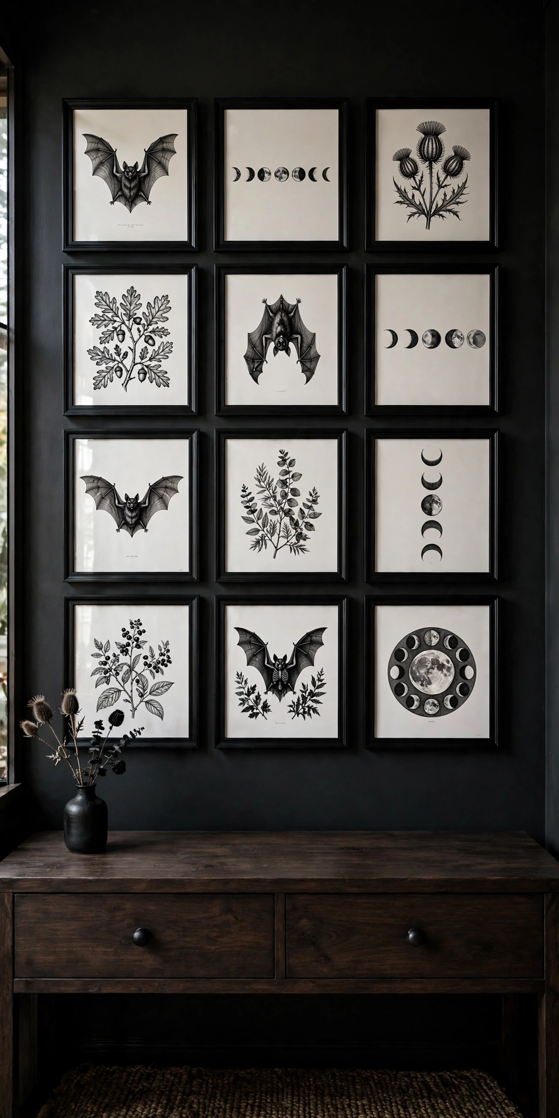 Gallery wall of framed black-and-white bat, moon, and botanical prints above a console table