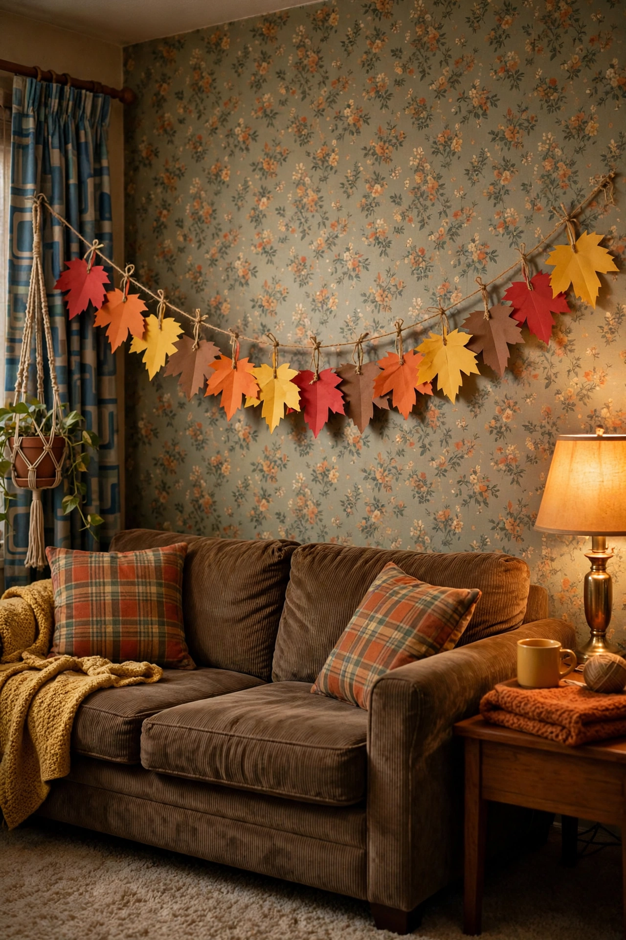 Handmade construction paper autumn leaf garland strung across a living room wall
