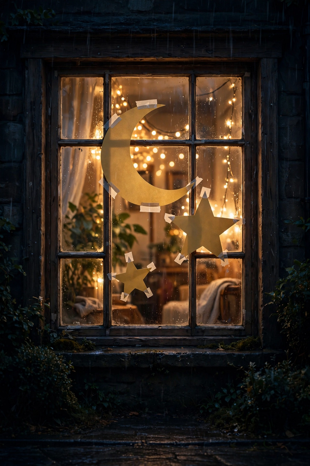 gold crescent moon and star cutouts glowing in a front window at night with fairy lights