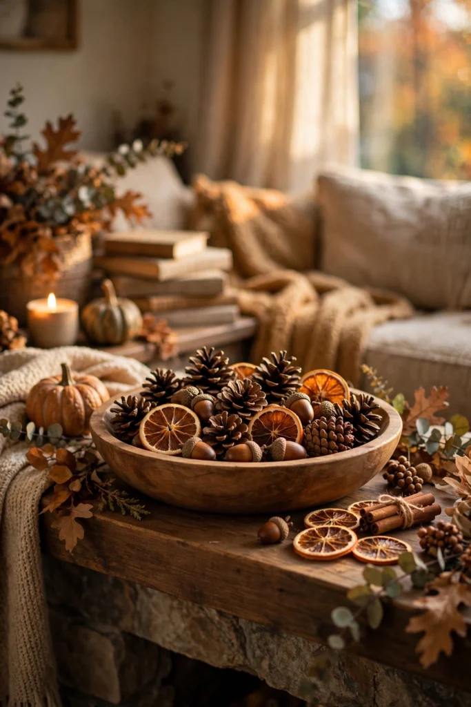 wooden bowl filled with pinecones, acorns and dried orange slices on a mantel