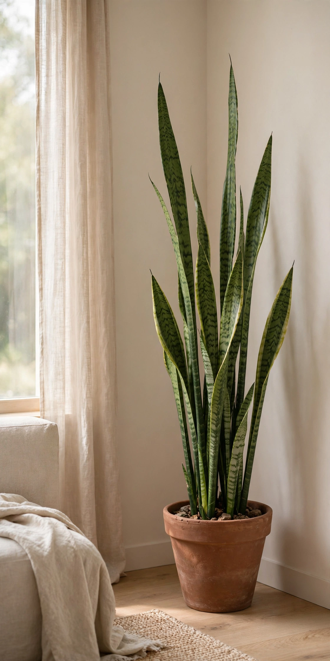 Snake plant in terracotta pot in the corner of a minimalist living room