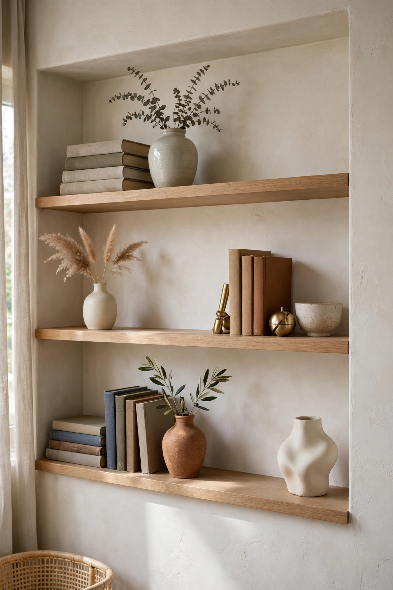 Styled open shelves with books, vases and empty space between groups