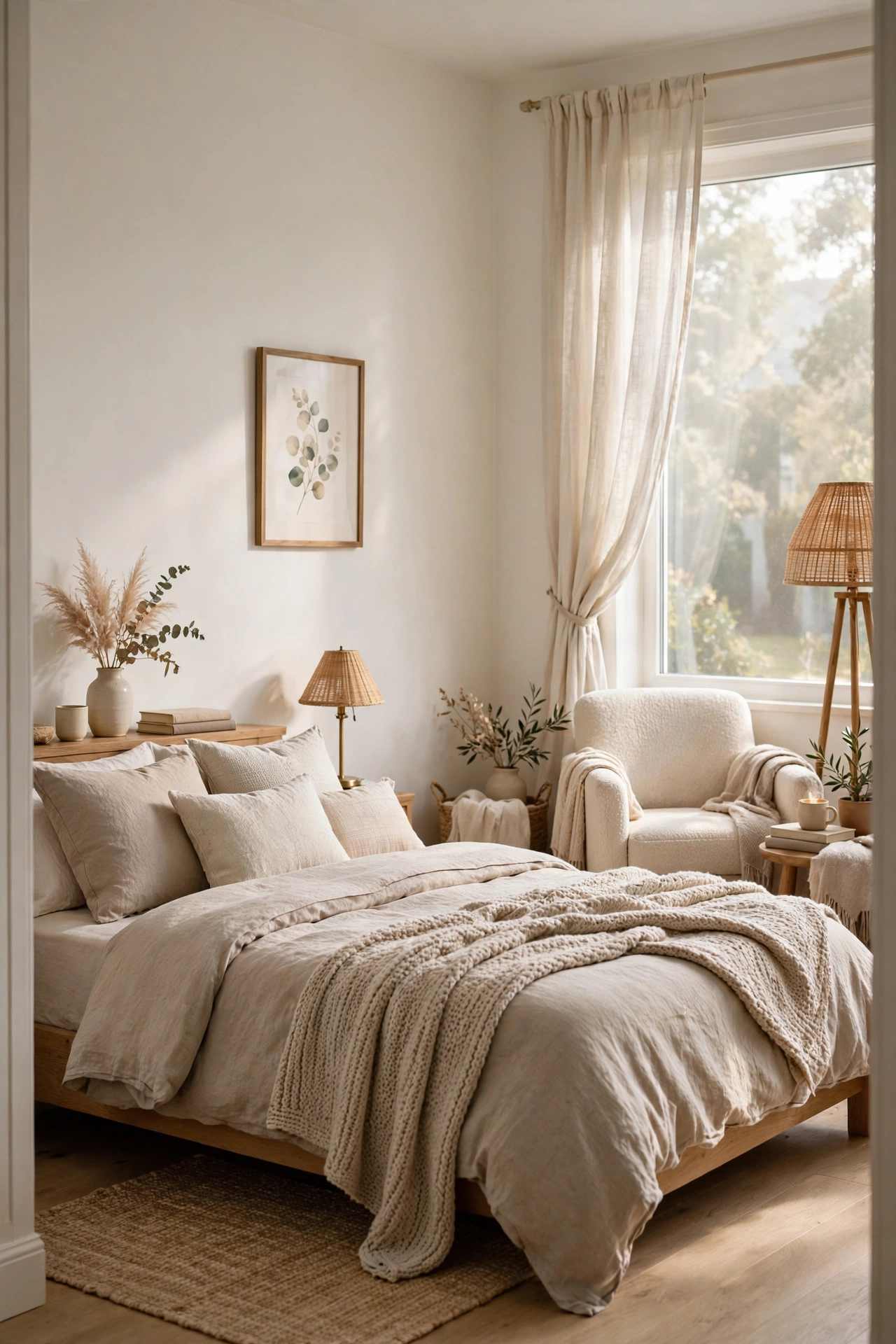 Full view of a calm cozy bedroom with warm white walls and layered neutral bedding