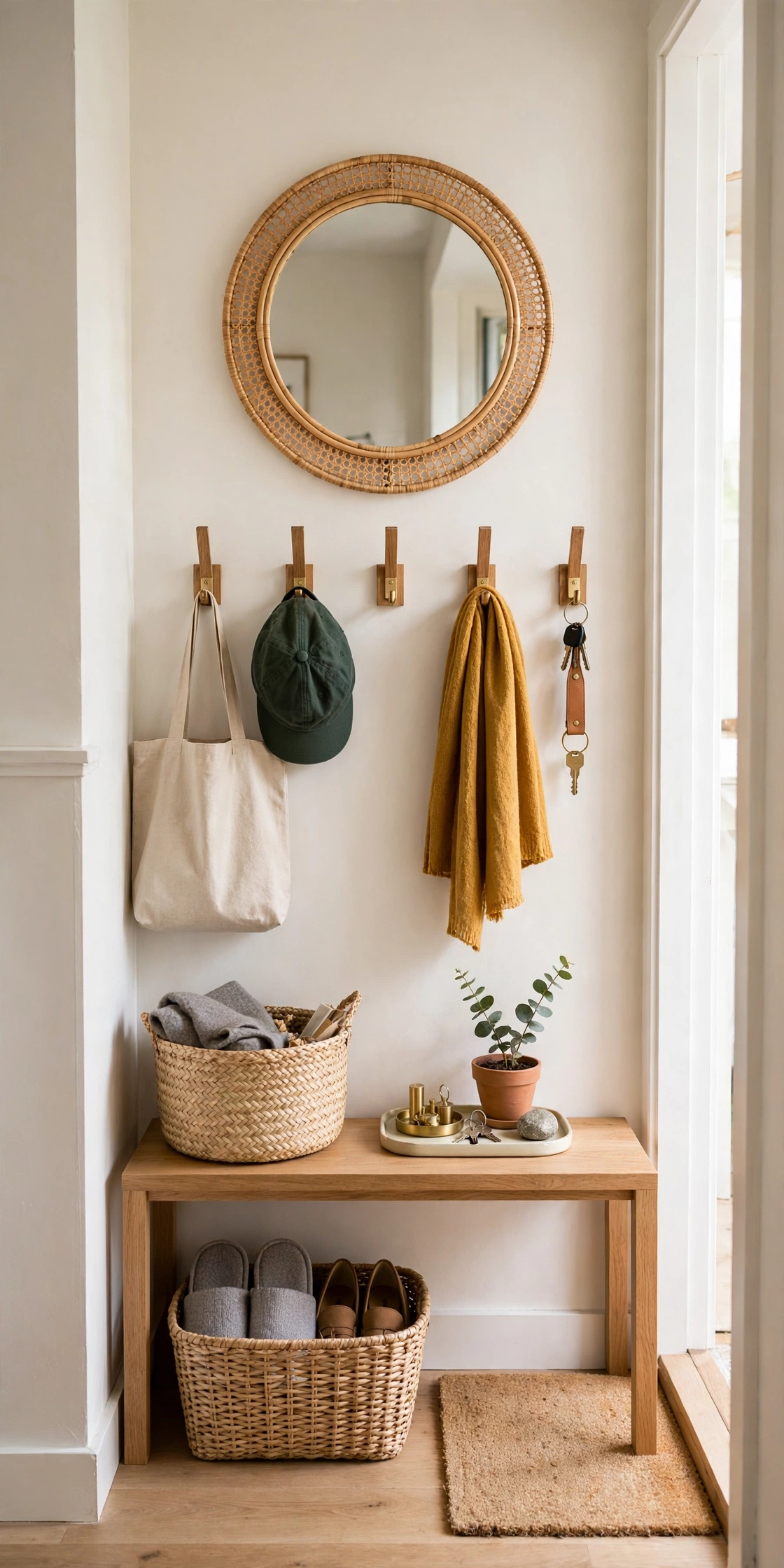 Tidy welcoming small entryway with everything in its place