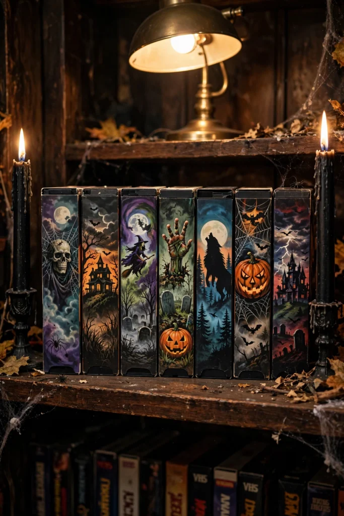 Row of vintage VHS horror movie tapes displayed on a wooden shelf with black candles