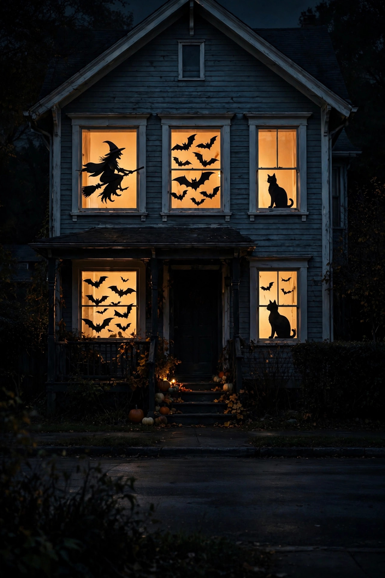 Halloween window silhouettes of witches and bats glowing in house windows at night