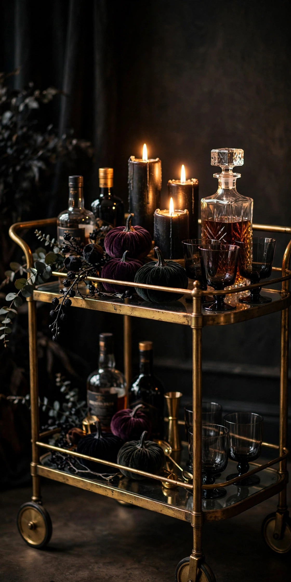 Bar cart styled with black pillar candles, glass decanter, dark glassware, and mini velvet pumpkins