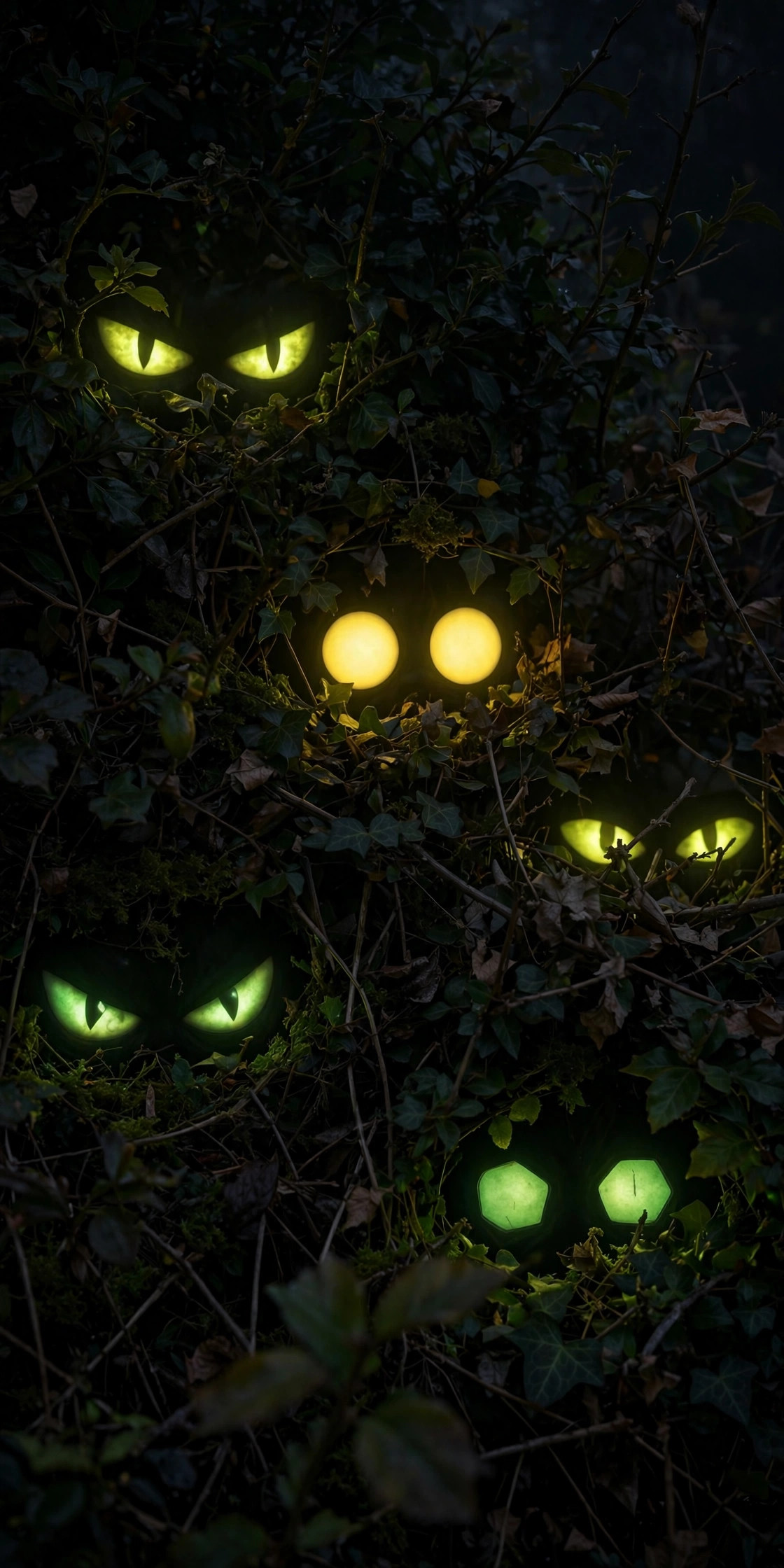 Glowing eyes peering from dark bushes, a DIY Halloween scare