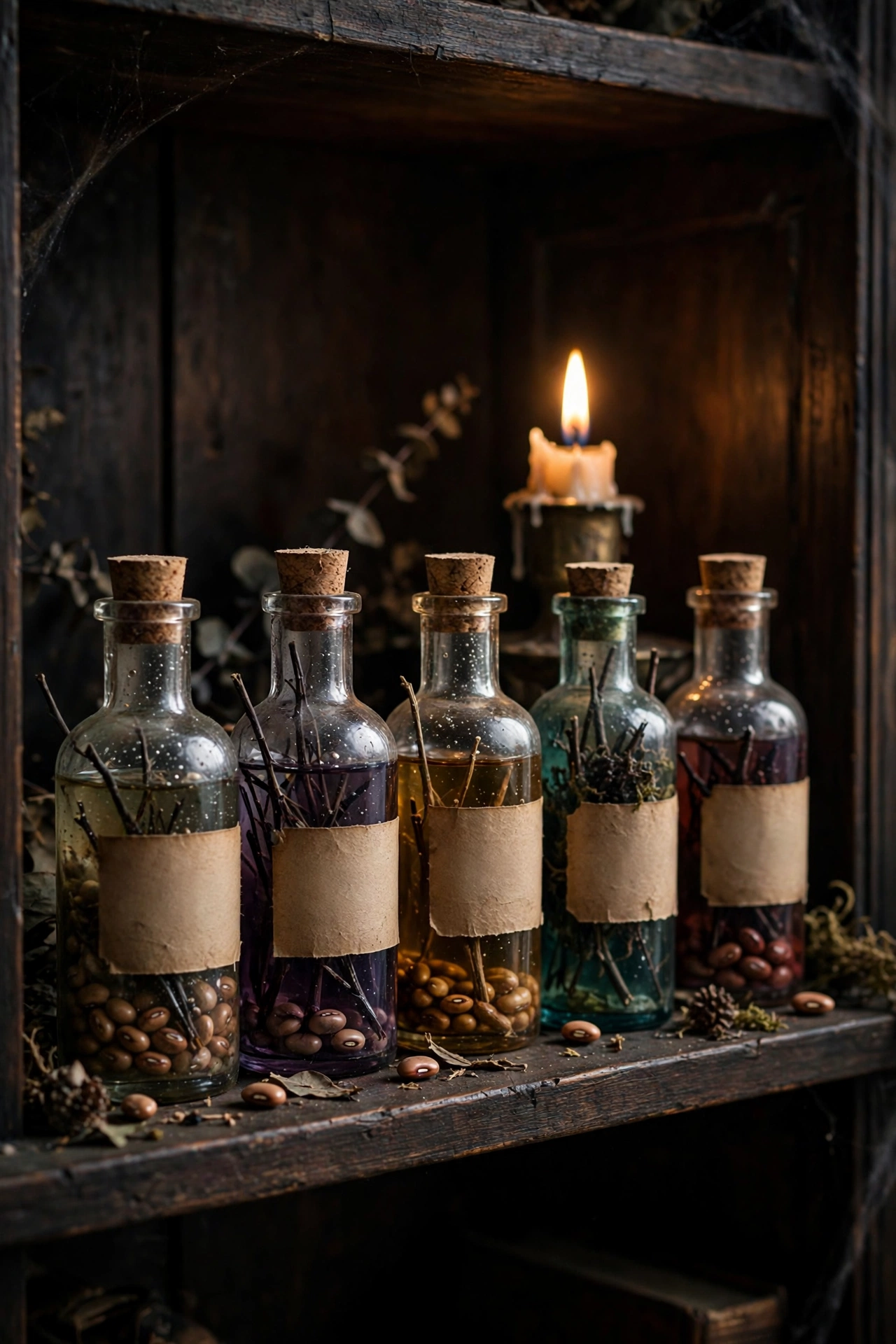 Small glass potion bottles with aged paper labels lined on a wooden bookshelf