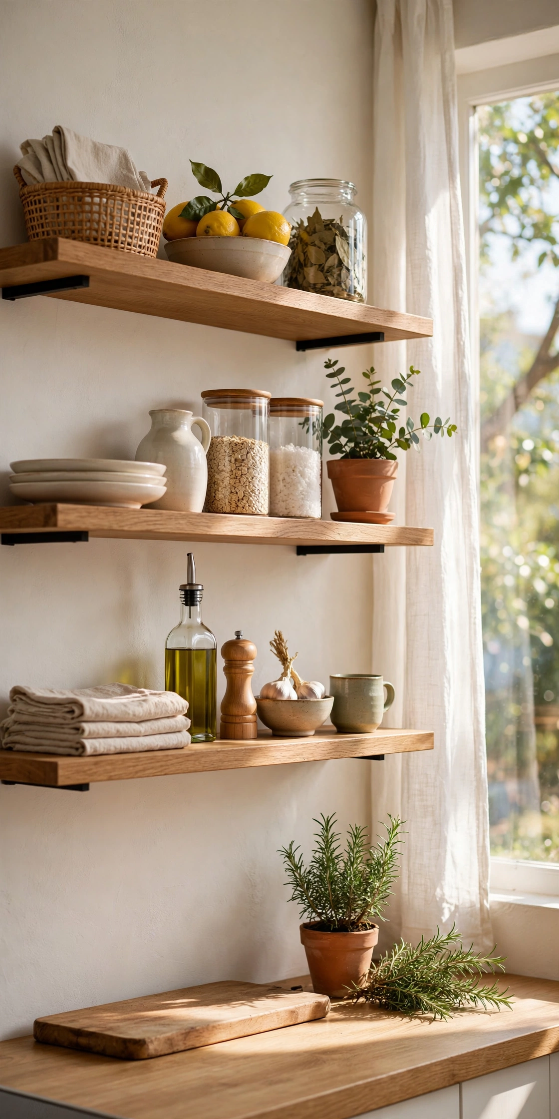 Beautifully styled open kitchen shelves in bright morning light