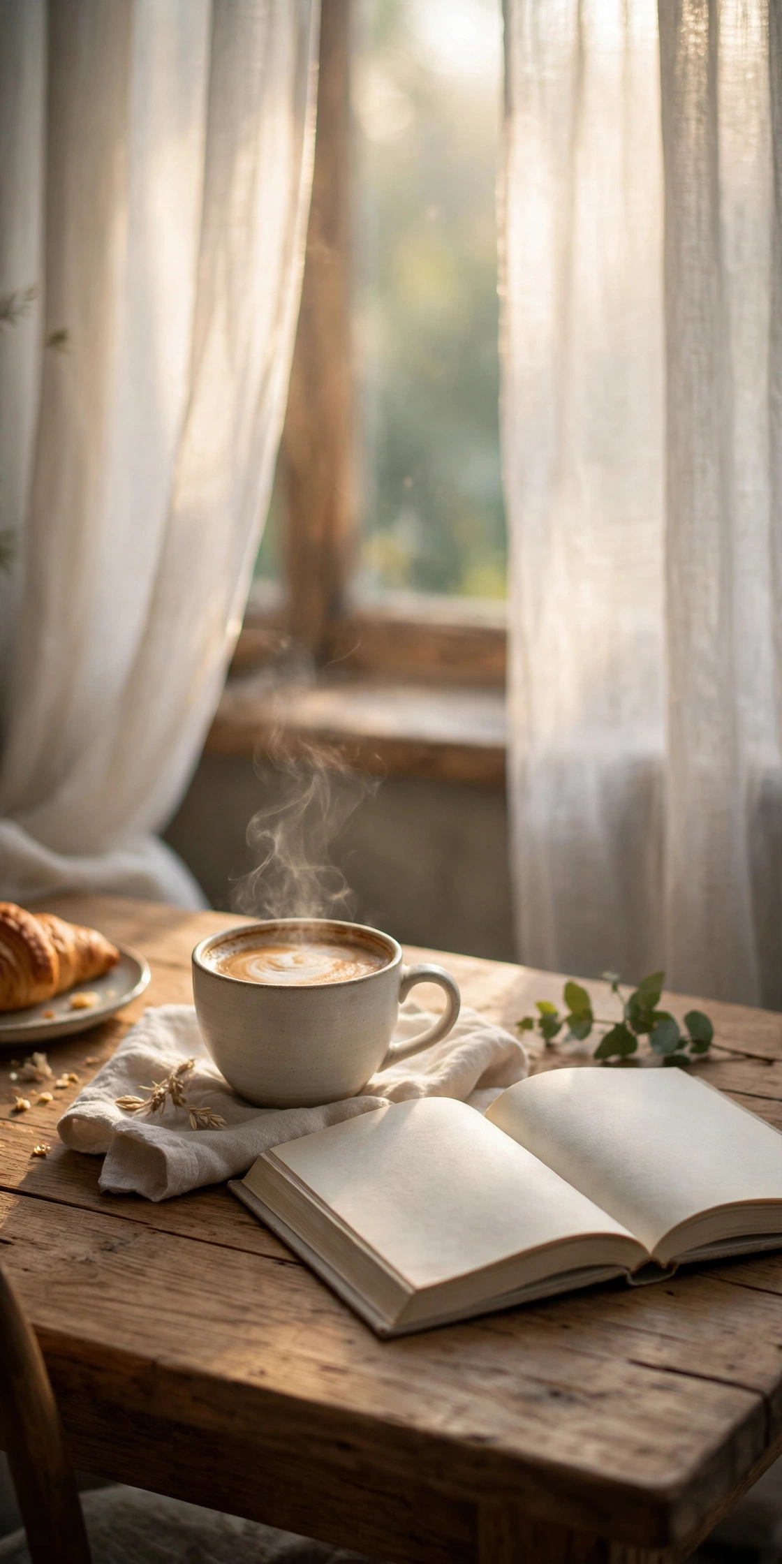 Coffee cup and open book on a dining table in soft morning light, slow morning scene