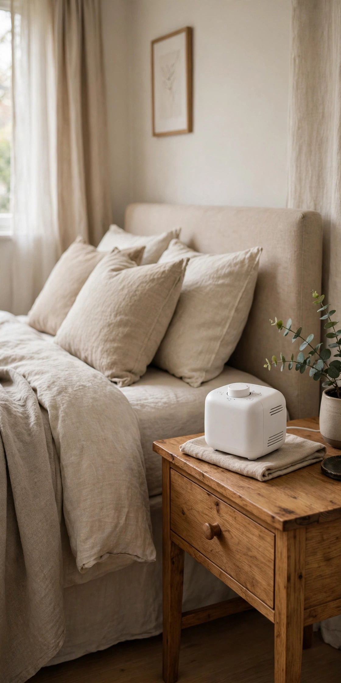 White noise machine on a nightstand beside a bed in a quiet bedroom