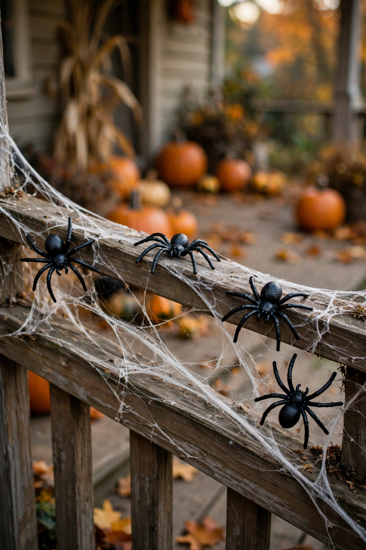Stretchy white spider webbing across a porch railing with large plastic spiders