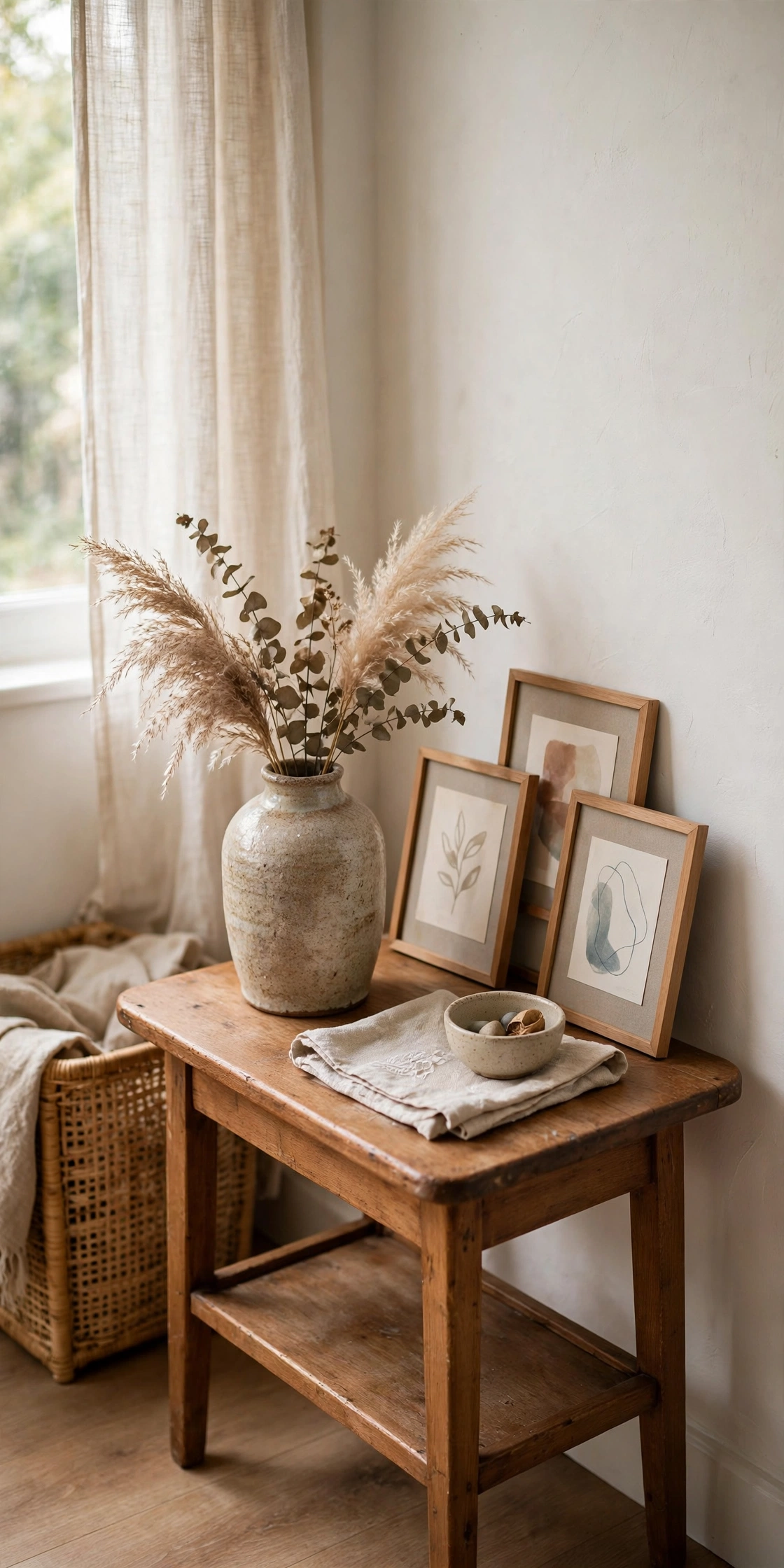 Thrifted ceramic vase and framed art prints styled on a small wooden side table