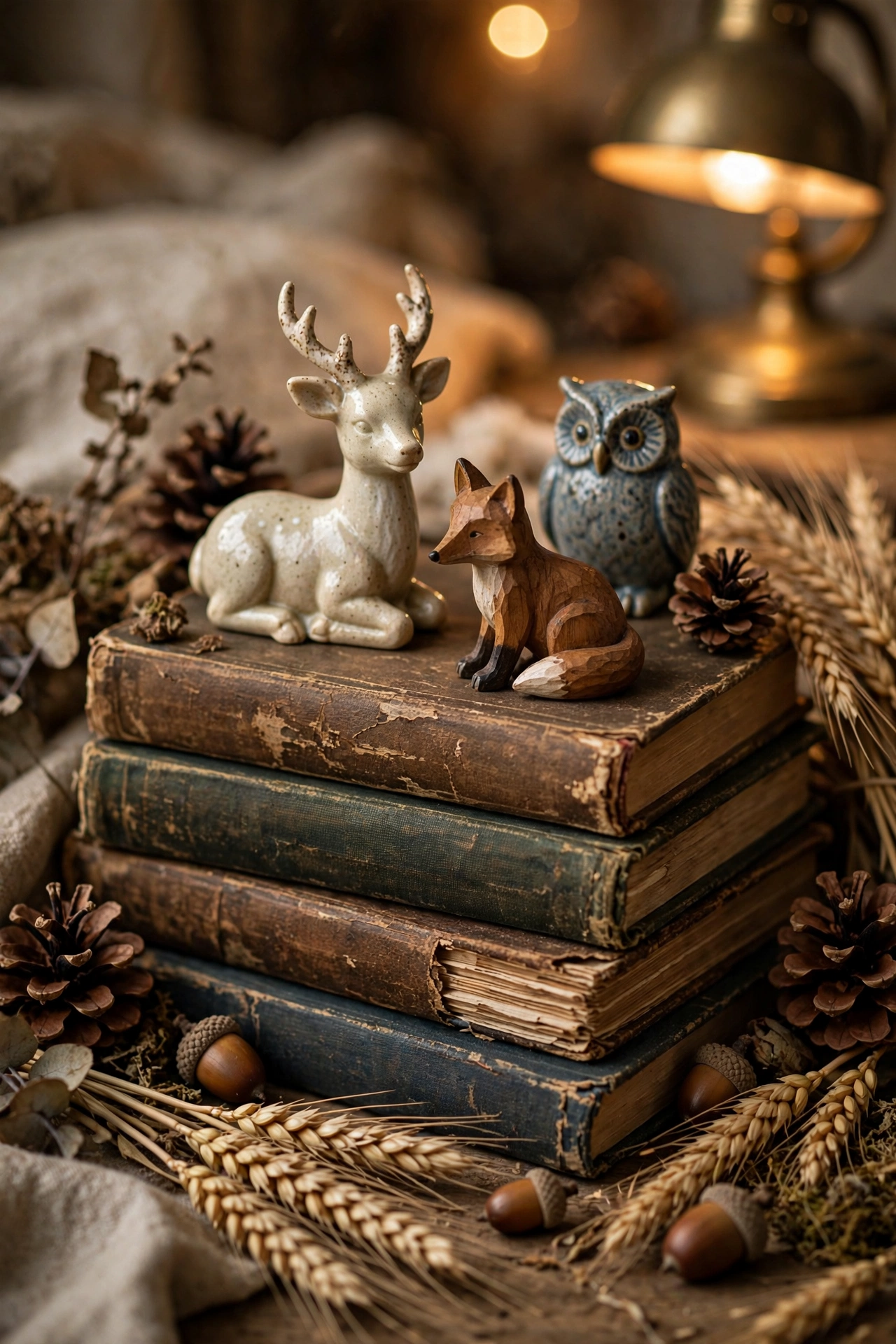 thrifted deer and fox figurines arranged on old books with pinecones and acorns