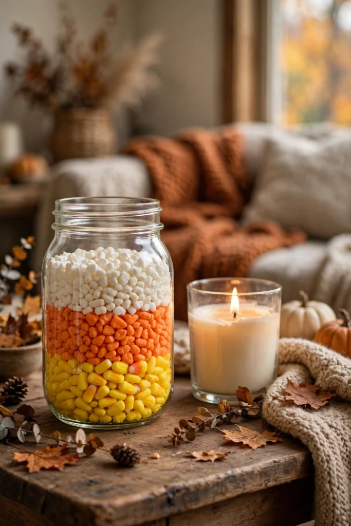 Glass jar layered with candy corn colors on a coffee table next to a lit candle