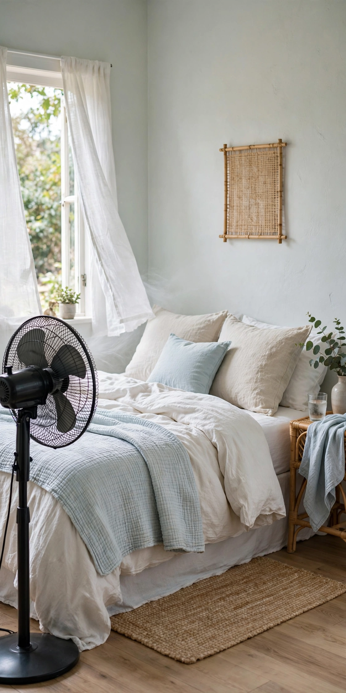 Cool comfortable bedroom with a fan and breathable cotton bedding