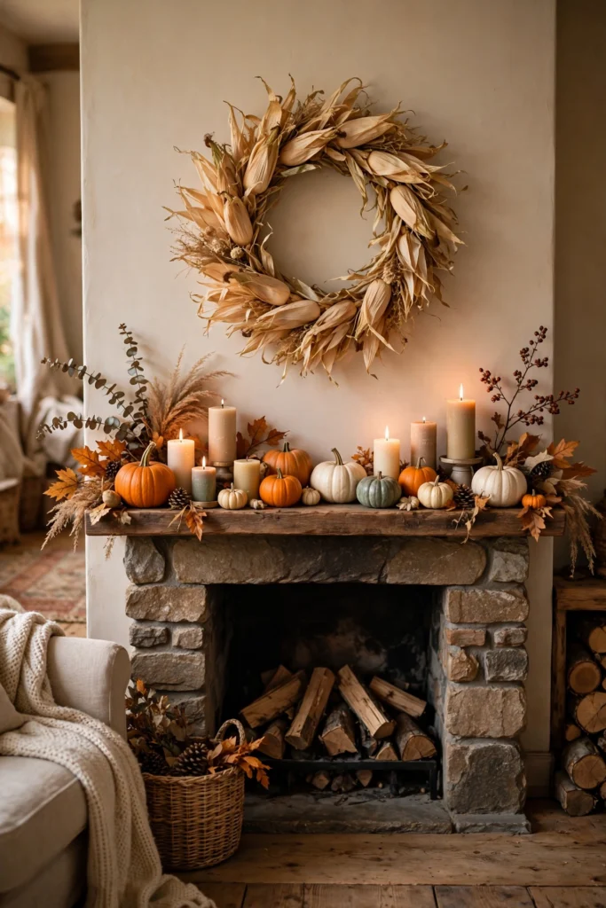 corn husk wreath hanging centered above a fireplace mantel