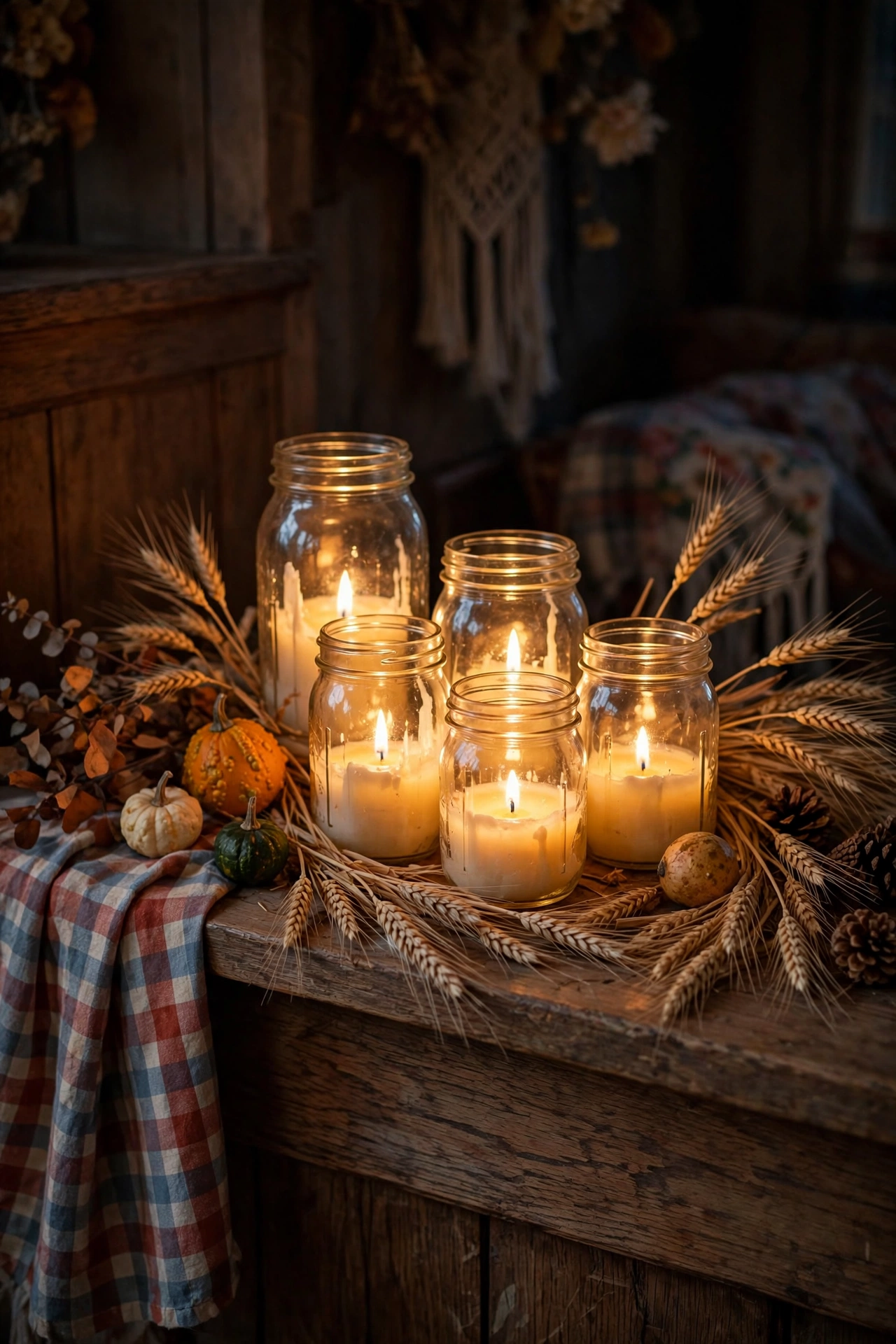Mason jars with glowing candles on a wooden mantel with wheat stalks and gourds