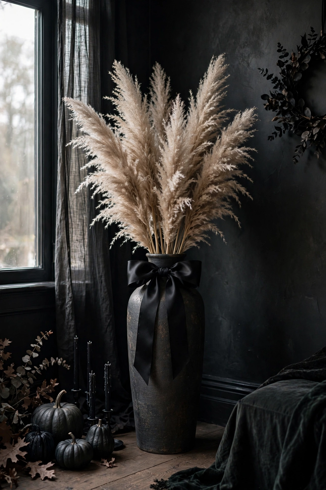 Tall vase of dried pampas grass tied with a wide black satin ribbon in a living room corner