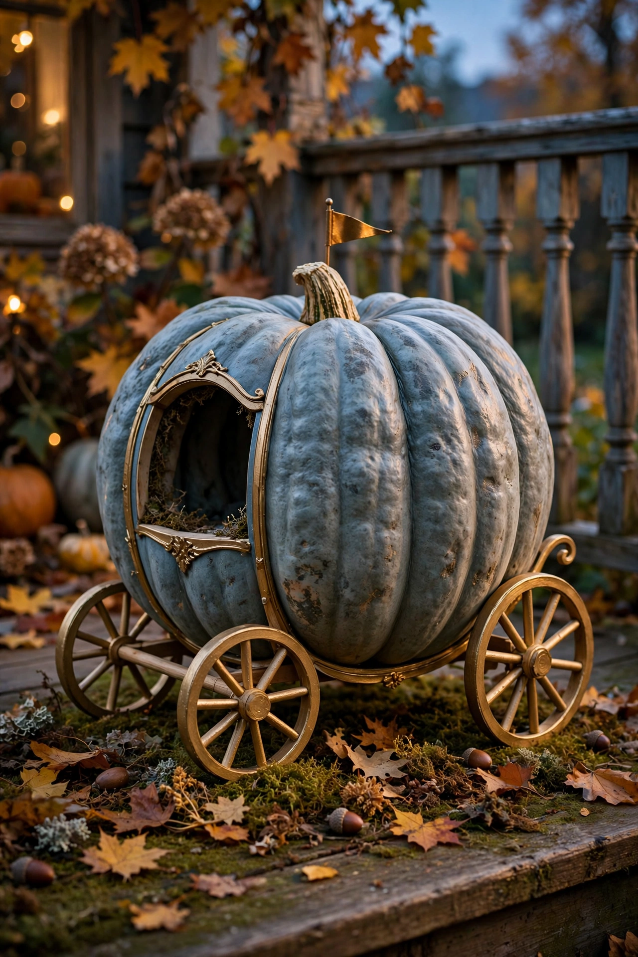 large heirloom pumpkin styled as a storybook carriage with gold wheels and a tiny flag