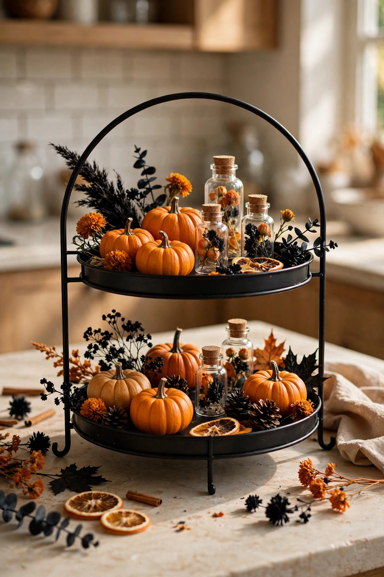 Tiered tray styled with mini pumpkins, tiny bottles, and a small Halloween sign